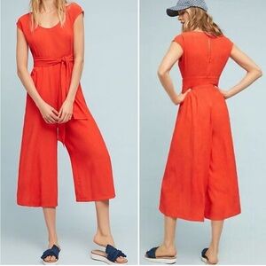 Anthropologie Abbey Wide Leg Crop Jumpsuit Romper Belted Bright Orange Size 0 XS